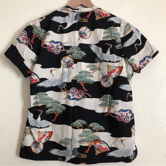 Crane Graphic Art Black and White Button Up Tee Blouse Top - Picture 6 of 6